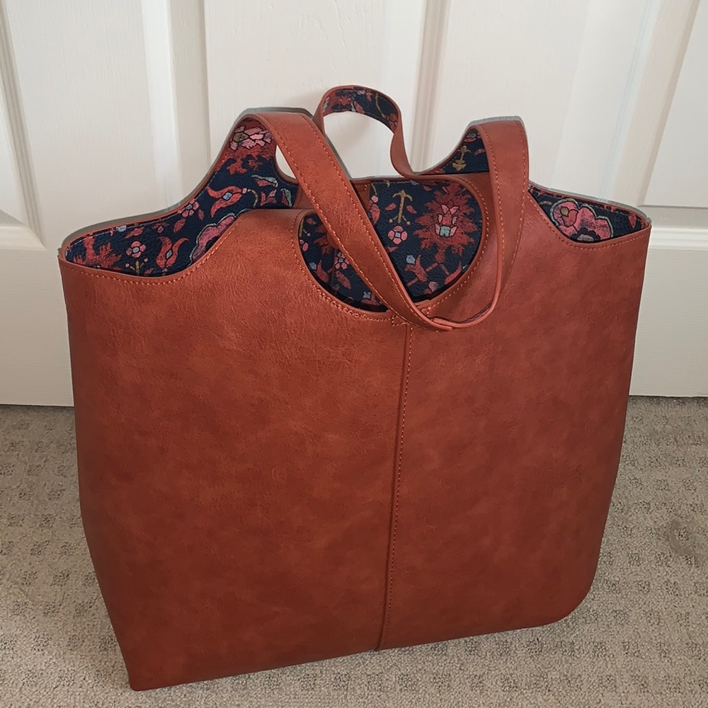 Anthropology faux leather reversible ikat print purse burnt orange navy blue